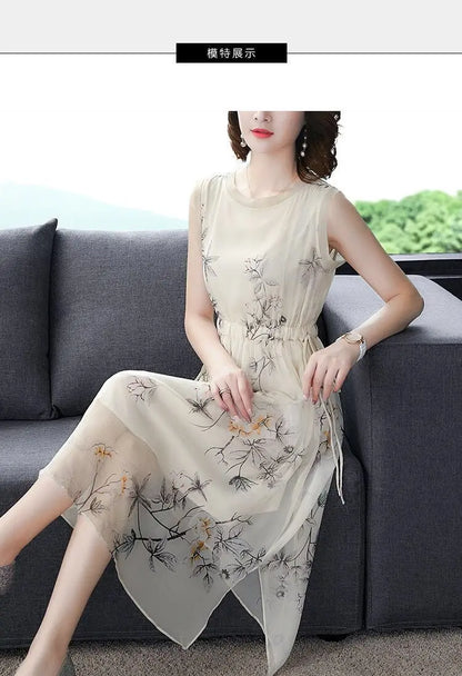 Summer New Elegant Fashion Printing Tank Dress Ladies Sleeveless Holiday Casual Robe Women Drawstring Waist A-line Midi Vestidos