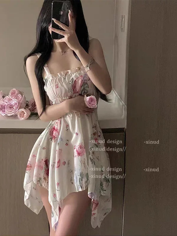Hotsweet Style Flower Dress Chiffon Strap Temptation Sexy Elastic Waist Irregular Temperament Sweet Girl Perspective Dresses FJ8
