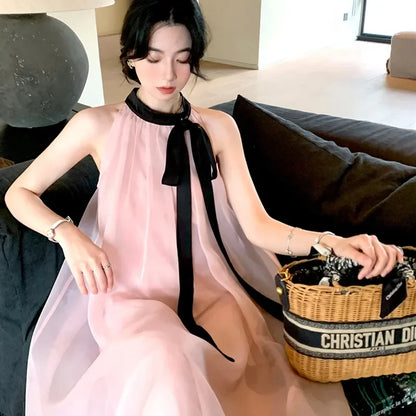 Women's Pink Halter Neck Maxi Dress With Black Bow Detail Sheer Chiffon Flowy Resort Party Dress