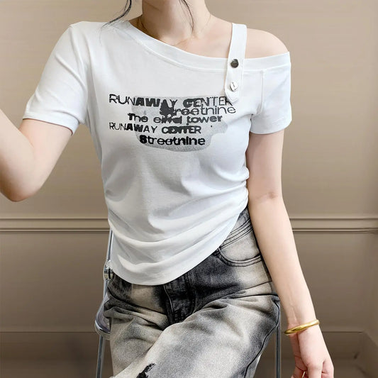Sexy oulder Bared T irt Women's ort Sve Asymmetrical Collar Faionable Slimming Top Korean Sle Cotton Blend Summe...