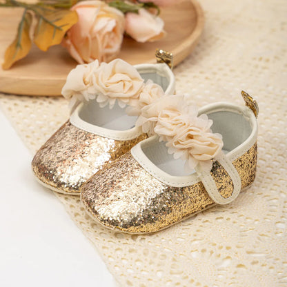 Gold Tie Cute Bow Flower Baby Princess Shoes Wedding Birthday Party Non-Slip Soft Sole Baby Toddler Shoes