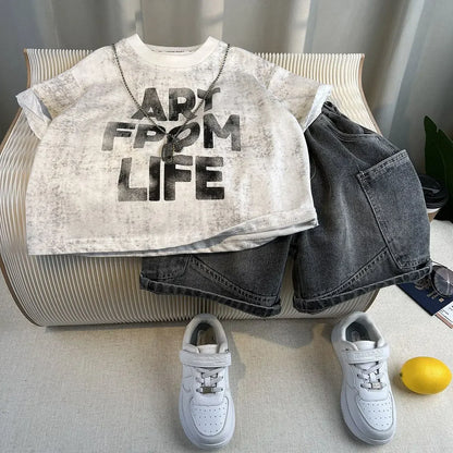 Korean Children's Summer Clothes Kids Set Outfits Boys 2025 Handsome Sleeveless&Short Sleeved T-shirt Denim Shorts 2-piece Set