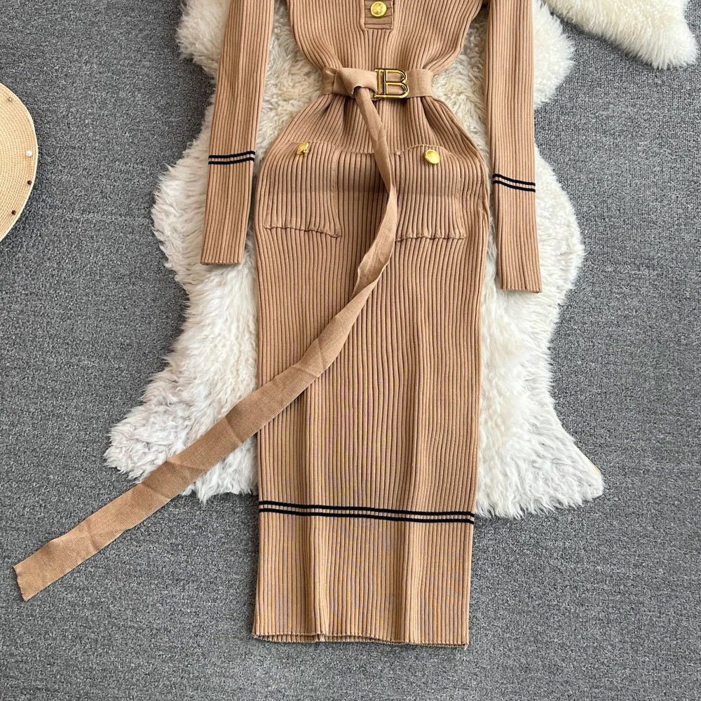 Women Dress 2025 Autumn Winter Elegant Rib Knit Long Pencil Dress with Belt Office Lady Bodycon Sweater Dress Vestidos
