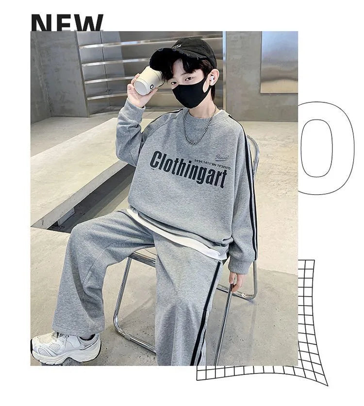 Teenager boys Suit autumn winter Cloth letter striped sweatshirt hooded + wide leg Pants tracksuit 5 8 10 12 Year Child set