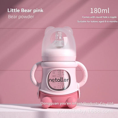 Wide Neck Glass Baby Bottle with Silicone Sleeve & Anti-Colic Straw Nipple – BPA-Free Newborn Feeding Set for Weaning Transition