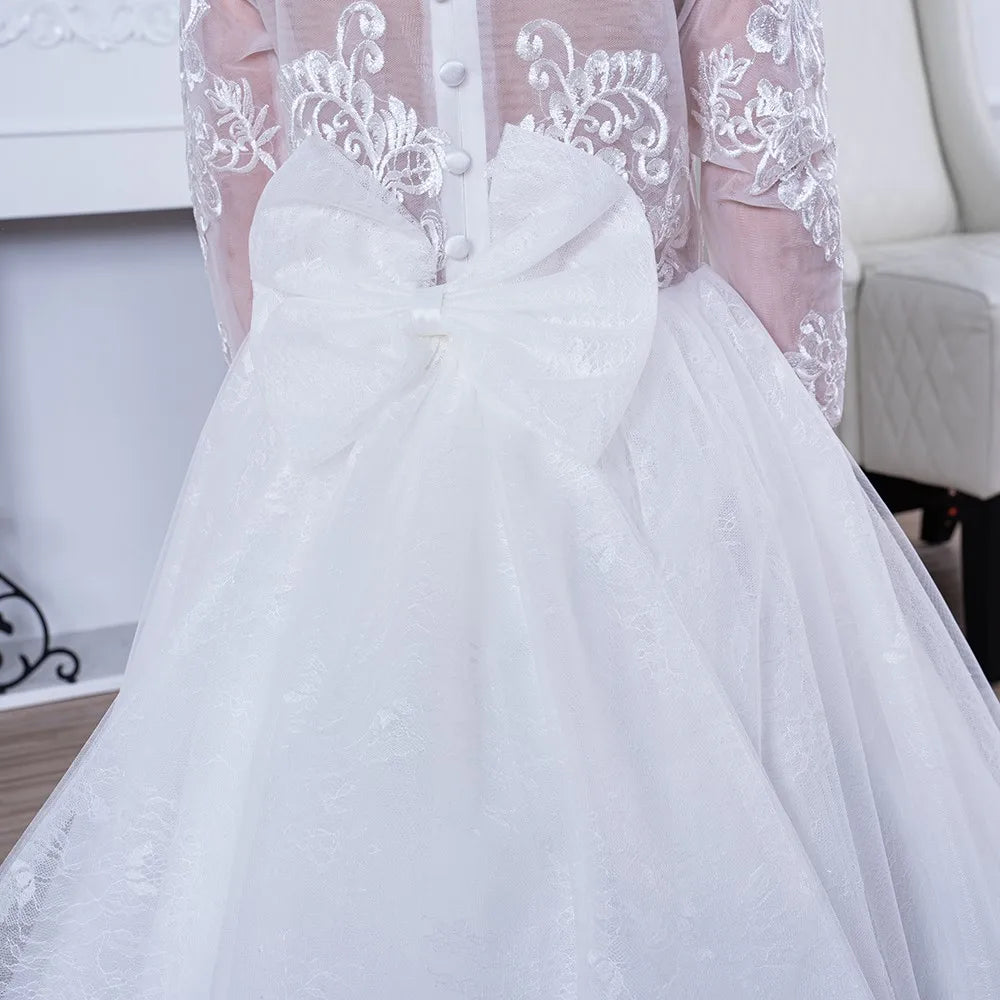 A Line Girl Lace Appliques Princess Wedding Party Flower Girls Dresses Vintage Gown With Bow Kids First Communion Ball Gown