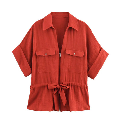 HH Women Pants Suit Solid Short Sleeve Zipper Pocket Drawstring Design Shirt Top+Elastic Waist Loose Casual Wide-leg Pants