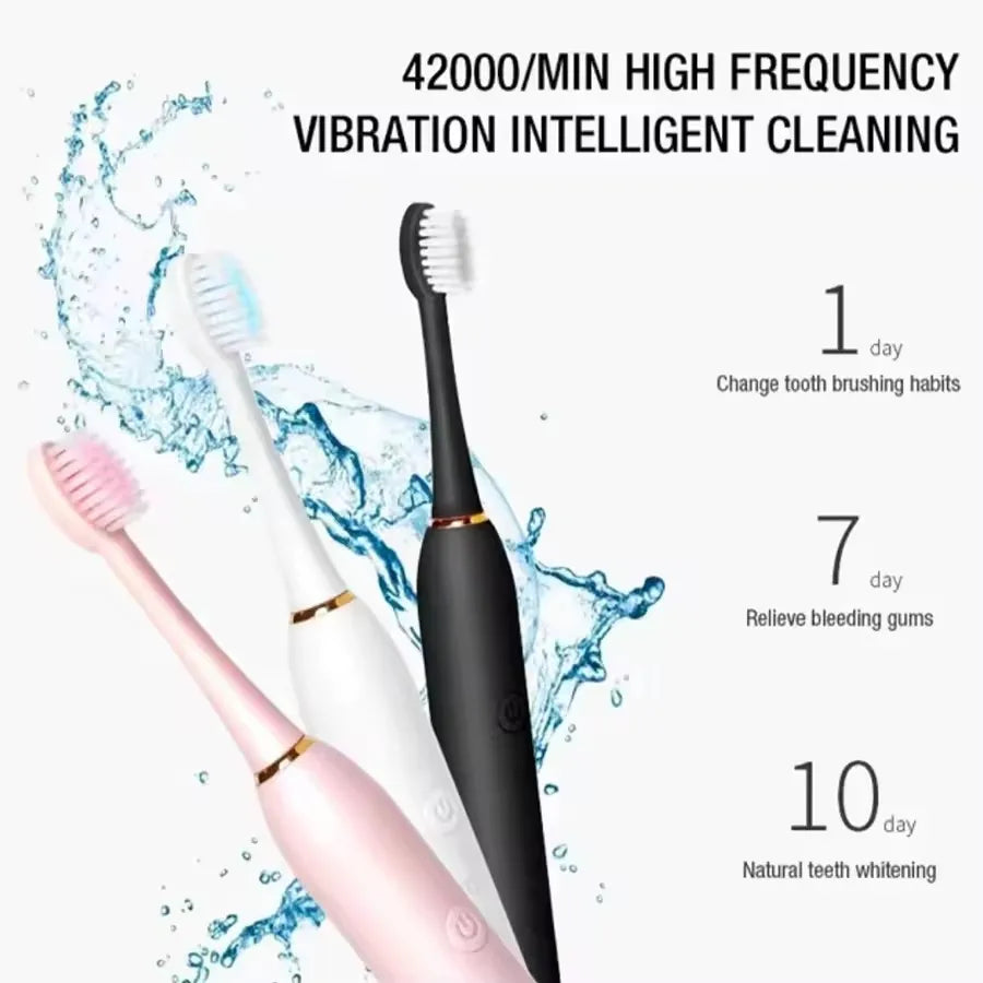 Adult Sonic Electric Toothbrush IPX7 Waterproof with DuPont Brush Head USB Rechargeable High-Frequency Cleaning 6 Modes