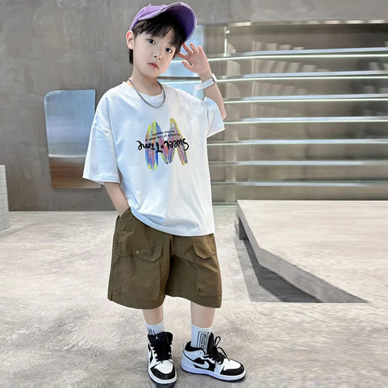 Boys Summer Clothing Sets Big Children Short-sleeved Top+Shorts Suits 2025 New Teenager T-shirt Loose Sports 2Pcs Outfits 4-14Y