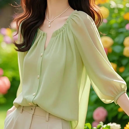 Chic Summer irt Women's Sle Korean Five-Quarter Sve Age-Defng Beautiful Faionable Good-Looking Chiffon Top