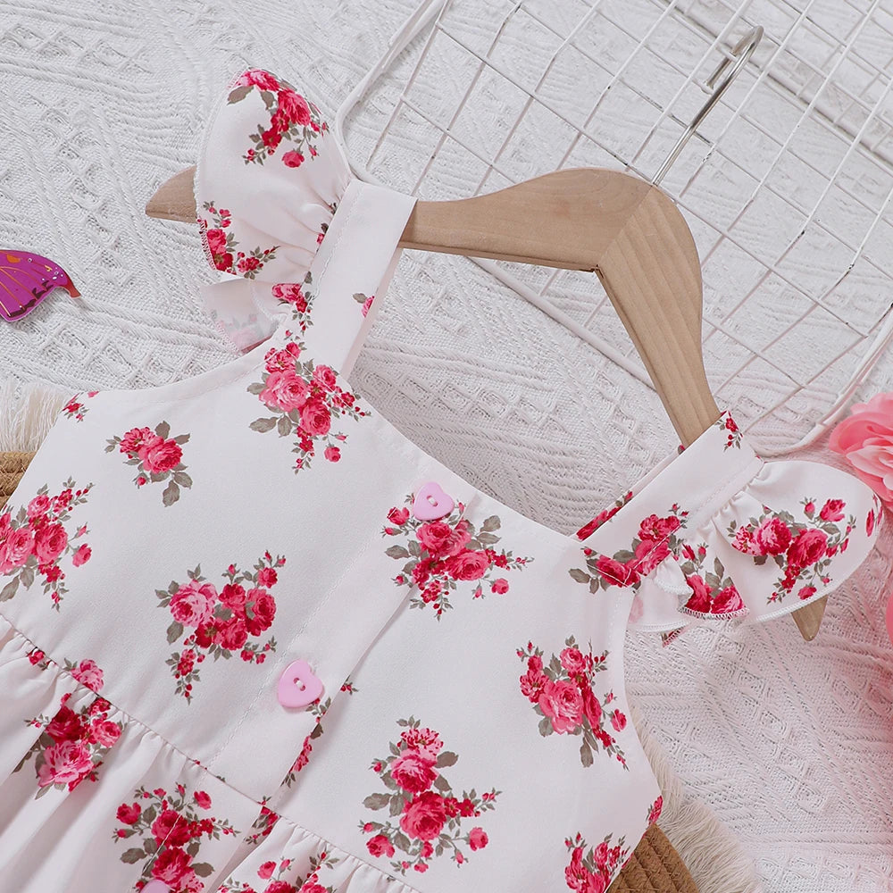Girls' spring and summer new style sweet floral dress with flying sleeves