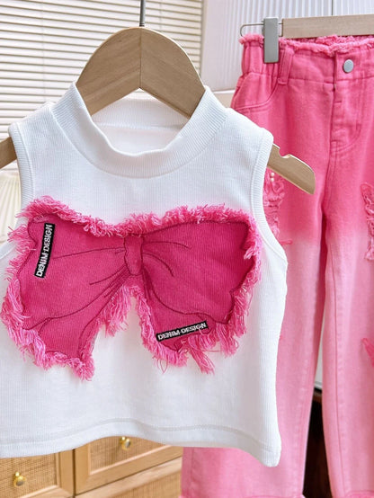 Girls Summer Outfit Set – Sleeveless Bow Top & Gradient Ripped Denim Wide Leg Pants, Fashionable Kids Casual Wear