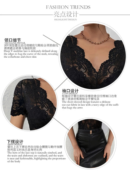 2025 New Arrival Elegant Fan-Shaped V-Neck Solid Color Lace Sexy T-Shirt Slim-Fit Slimming Top for Women Clothing Tops Tees Hot