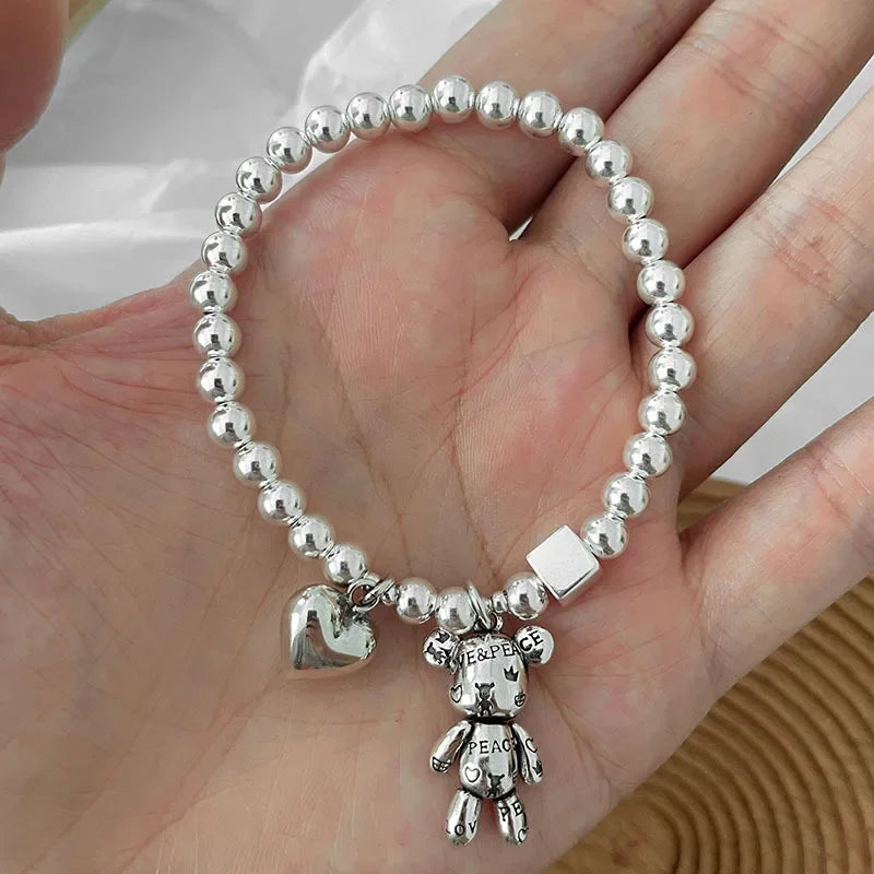 Stainless steel Bracelets for Women String of Beads Accessories Trend Vintage Simple Cute Bear Pendant Party Jewelry