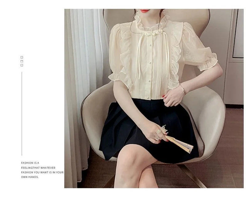 New Chinese Button French Ruffled Lace Gentle Chiffon Shirt 2025 Summer Fashion Temperament New Design Small Shirt Stylish Top
