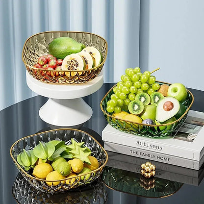 New Household Fruit Bowl Salad Dessert Biscuit Plate Plastic Square Transparent Tray Golden Edge Snack Plates Tableware LIJIAO