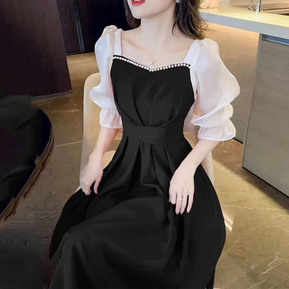 Slimming Long French Collar Dress with Belt and Patchwork for Plus Size Women Empire Waist Knee Length Bubble Sleeve Dress