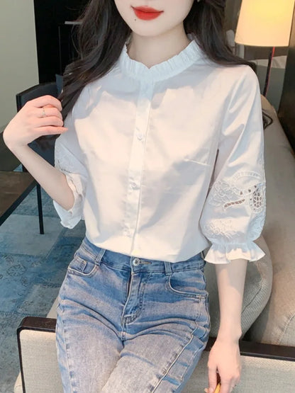 Ele Embroidered ort Sve irt Women's Summer New Design Korean Sle Commute Lantern Sve White irt for Ladies