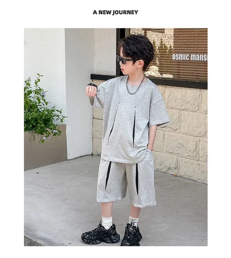 American Kids Design Double Cotton Gauze Clothing Set For Teenage Boy Casual Summer Top and Bottom Clothes Set Child Tracksuit