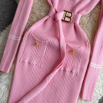 Women Dress 2025 Autumn Winter Elegant Rib Knit Long Pencil Dress with Belt Office Lady Bodycon Sweater Dress Vestidos