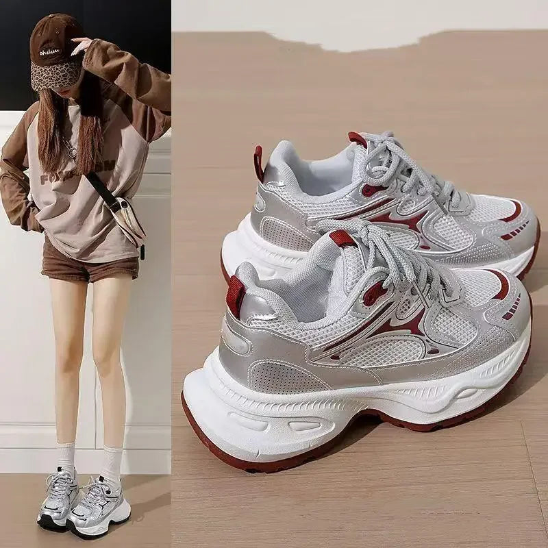 Dad Sneakers Women's Spring Summer 2025 New Style Versatile White Thick Bottom Heightening Running Sports Shoes