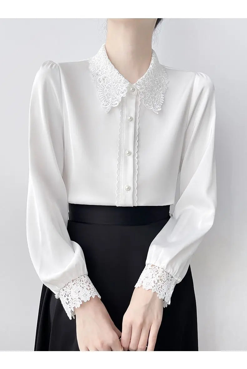 Lapel Lace Hollow Stitching Top Satin Shirt Women's Long-sleeved Temperament Autumn