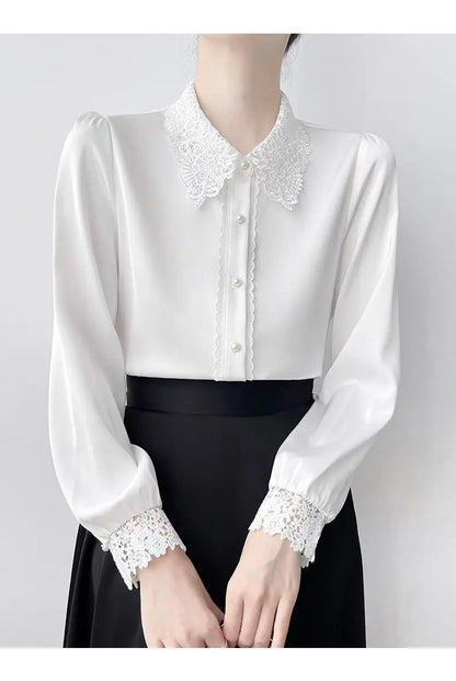 Lapel Lace Hollow Stitching Top Satin Shirt Women's Long-sleeved Temperament Autumn