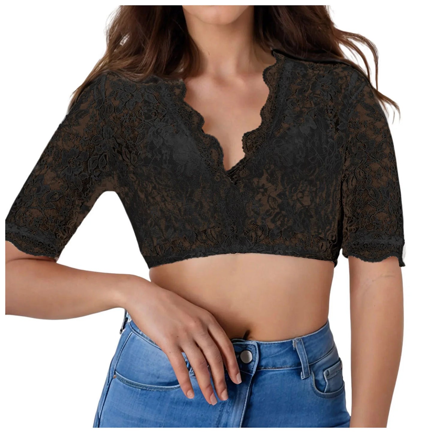 Women's Bavarian Oktoberfest Costumes Elegant Lace Crop Top Traditional Dirndl Blouse V Neck Short Sleeve Tops And Blouses