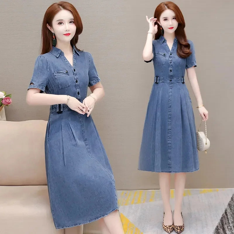 2026 Korean Summer New Denim Dress Women Temperament  Short Sleeved Fashion Slim All-match Casual Dress Female Vestidos