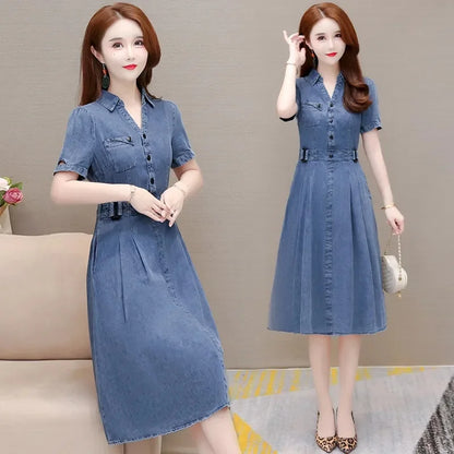 2026 Korean Summer New Denim Dress Women Temperament  Short Sleeved Fashion Slim All-match Casual Dress Female Vestidos