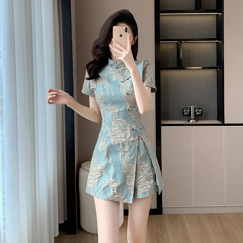 Faionable  Outfit Stand Collar Side Button Mid-Length irt orts Two-Piece Set New 2025 Versatile Nylon Material