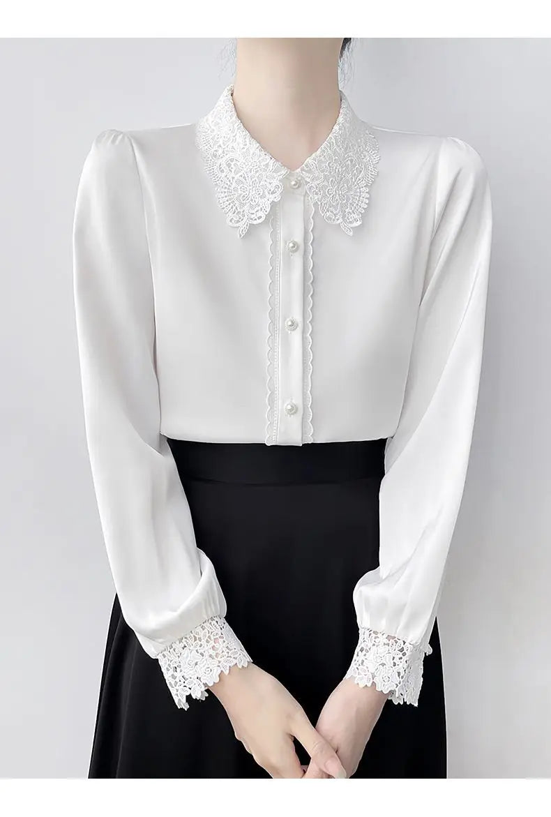 Lapel Lace Hollow Stitching Top Satin Shirt Women's Long-sleeved Temperament Autumn