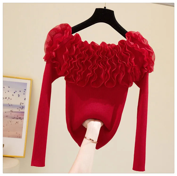 Autumn Women Knitting Full Sleeve Patchwork Sweaters Pullovers Girls Slim Floral Knitted Knitwear Tops GTA014