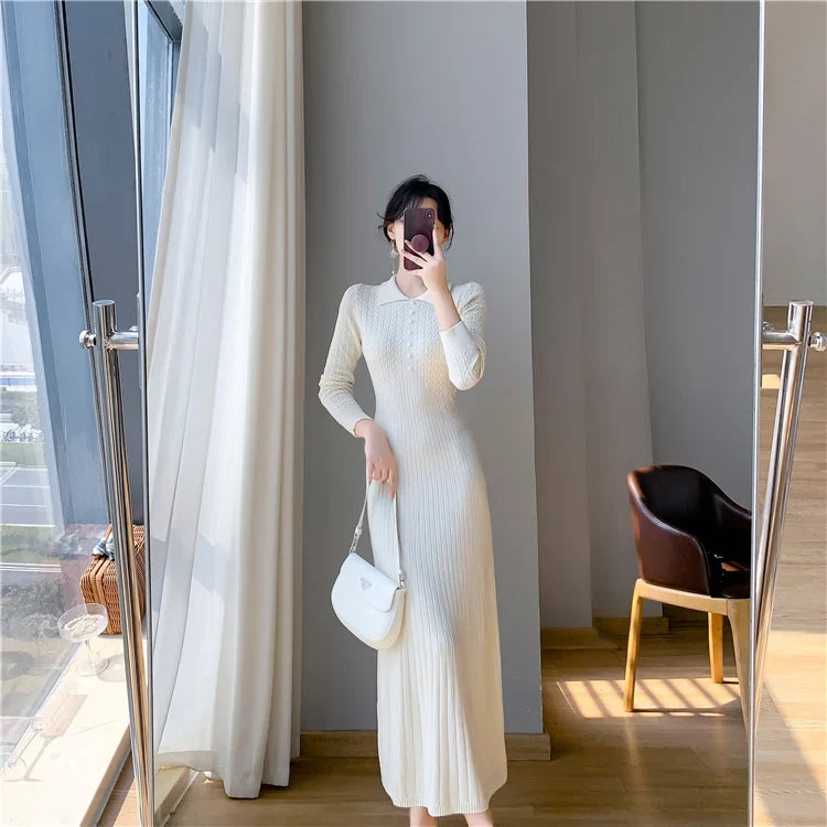 Sweater Dress Women New  Autumn Winter Purple White Or Black High Waist A Line Dress Elegant Long Knitted Dress (Available)