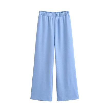 HH Women Pants Suit Solid Short Sleeve Zipper Pocket Drawstring Design Shirt Top+Elastic Waist Loose Casual Wide-leg Pants