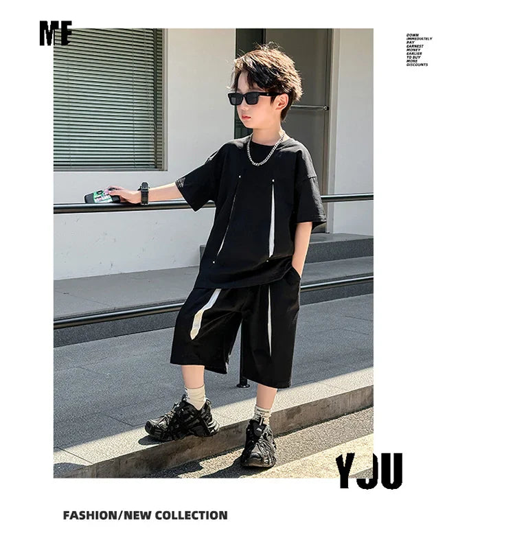 American Kids Design Double Cotton Gauze Clothing Set For Teenage Boy Casual Summer Top and Bottom Clothes Set Child Tracksuit