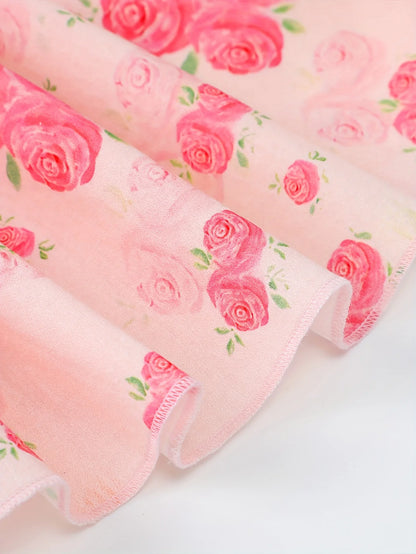 Girls Rose Print Dress Ruffled Flutter Sleeve Back Bow Design Pink Floral Party Dress for Toddler Kids Casual Outdoor Outfit