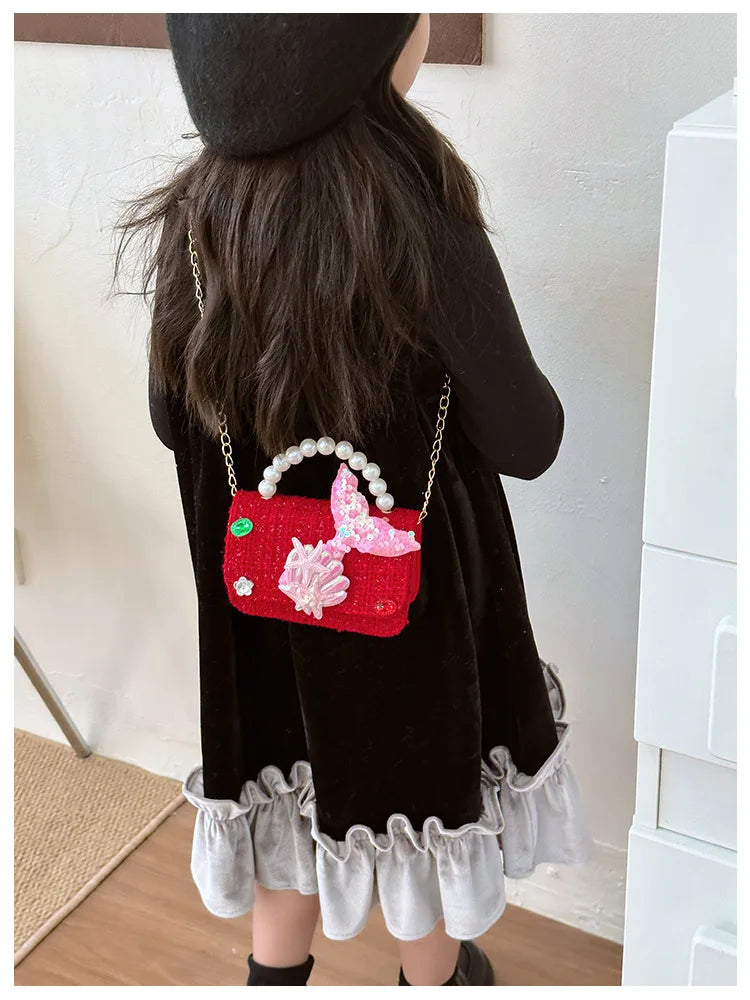 Sweet Bow Children's Small Square Shoulder Bag Sequin Lace Princess Girls Crossbody Bags Pearl Handle Coin Purse Handbags Gifts