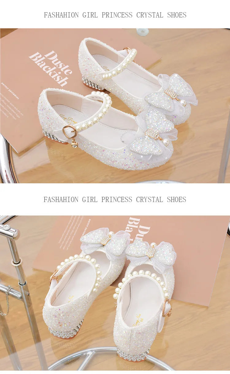 Glitter Girls' Dress Shoe with Wedding Ceremony Party White Sequin Shoes Heeled Children Bow High Heels Girls Shoes Princess New