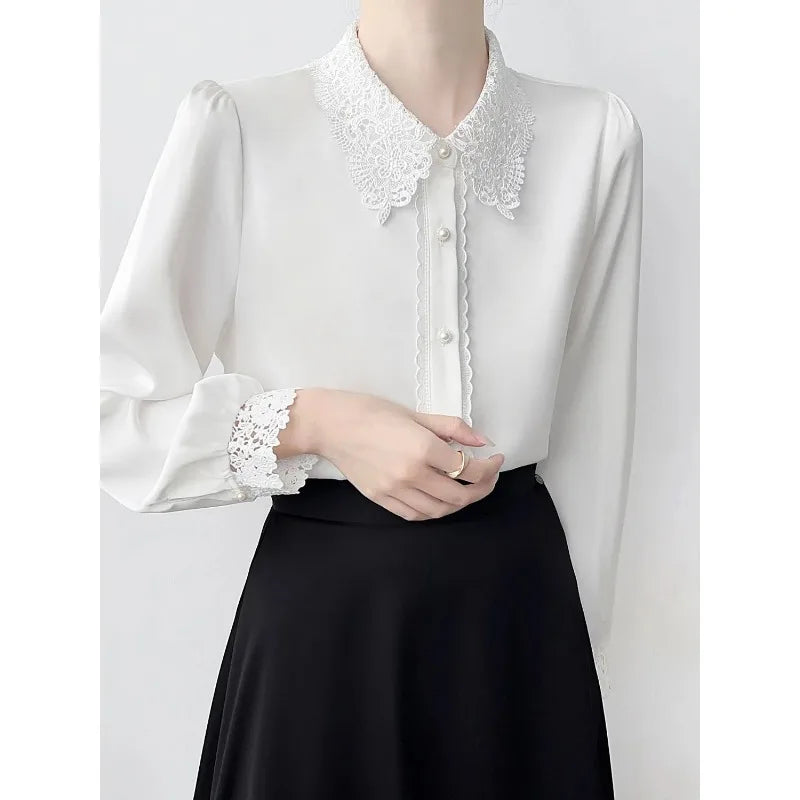 Lapel Lace Hollow Stitching Top Satin Shirt Women's Long-sleeved Temperament Autumn