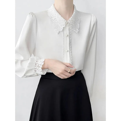 Lapel Lace Hollow Stitching Top Satin Shirt Women's Long-sleeved Temperament Autumn