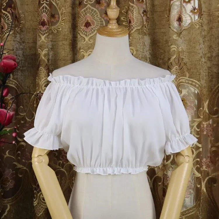 Summer New Lolita Sweet Off Shoulder Chiffon Shirt Female Short T-shirt Women Tops Student Lolita Bubble Sleeve Slim White Top