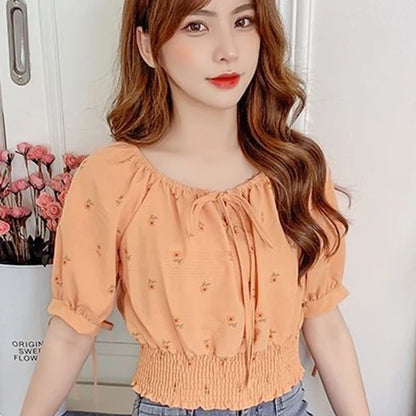 Sweet Broken Flower Women Short Shirts Elegant O-Neck Bow Tie Blouses Korean Fashion Elastic Waist Puff Sleeve Blouses 2025 New