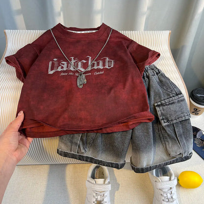 Korean Children's Summer Clothes Kids Set Outfits Boys 2025 Handsome Sleeveless&Short Sleeved T-shirt Denim Shorts 2-piece Set
