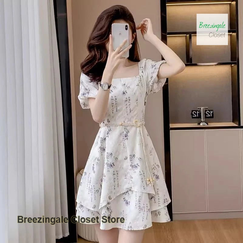 Summer new ink-and-wash square collar dress female new Chinese casual bubble short-sleeved fairy skirt retro waist A-line skirt