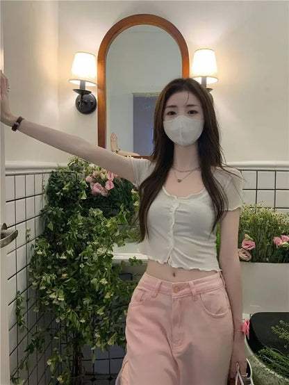 T-shirts Women Solid Leisure Summer V-neck Elegant Comfortable Simple Edible Tree Fungus Streetwear All-match Sweet Chic Popular