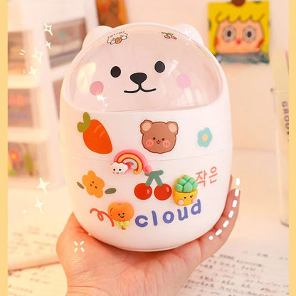 Mini Desktop Trash Can Organizer Cute Bear Multifunction Creative Cosmetic Bucket with Lid Pen Holder Kawaii Stickers Patchers