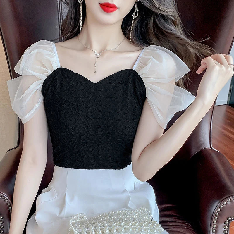 Summer Mesh Spliced Women Puff Sleeve Square Neck T Shirts Lady French Fashion Elegant Sweet Slim Fit Clothing Tops Black White