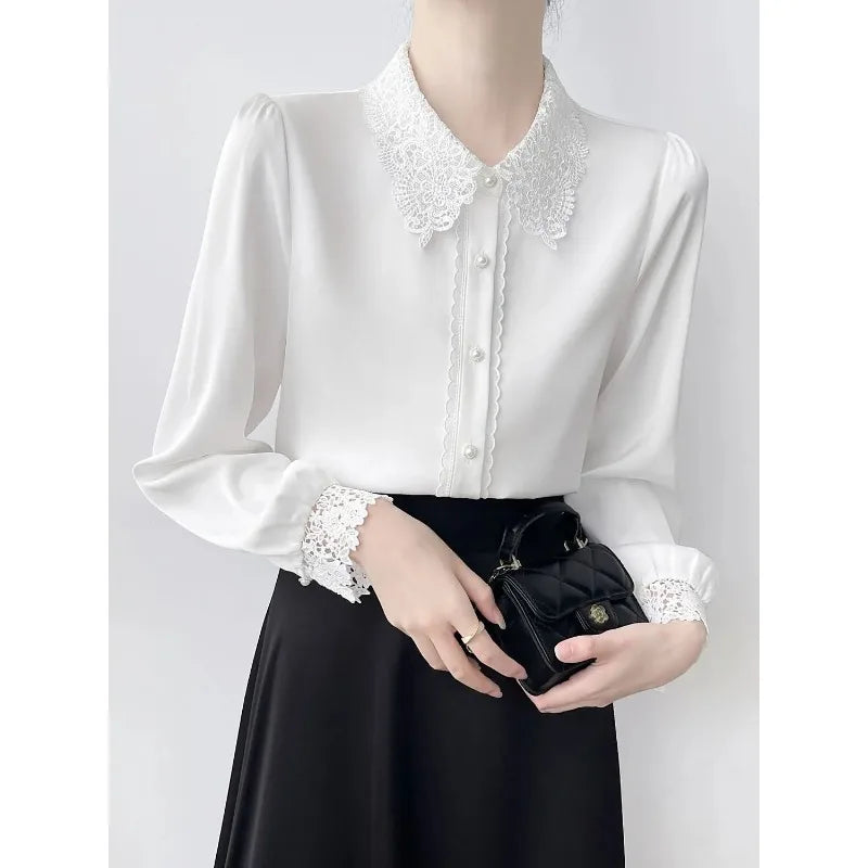 Lapel Lace Hollow Stitching Top Satin Shirt Women's Long-sleeved Temperament Autumn