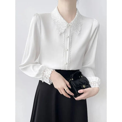 Lapel Lace Hollow Stitching Top Satin Shirt Women's Long-sleeved Temperament Autumn